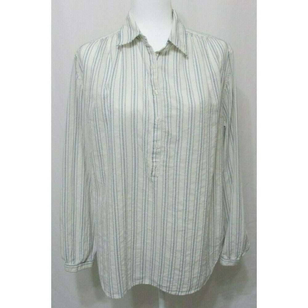 Chaps Womens Top Button Up Cotton Cream Blue Stripes Long Sleeve Blouse